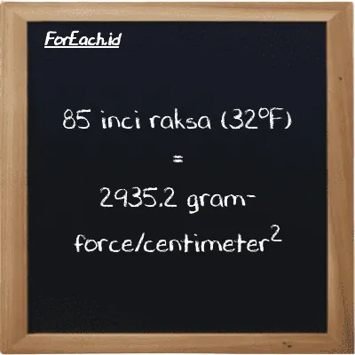 85 inci raksa (32<sup>o</sup>F) setara dengan 2935.2 gram-force/centimeter<sup>2</sup> (85 inHg setara dengan 2935.2 gf/cm<sup>2</sup>)